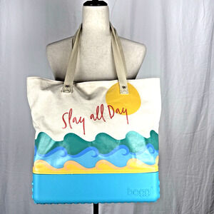 Bogg Printed Beige Canvas Tote Bag Slay All Day Waterproof Bottom Beach Wave